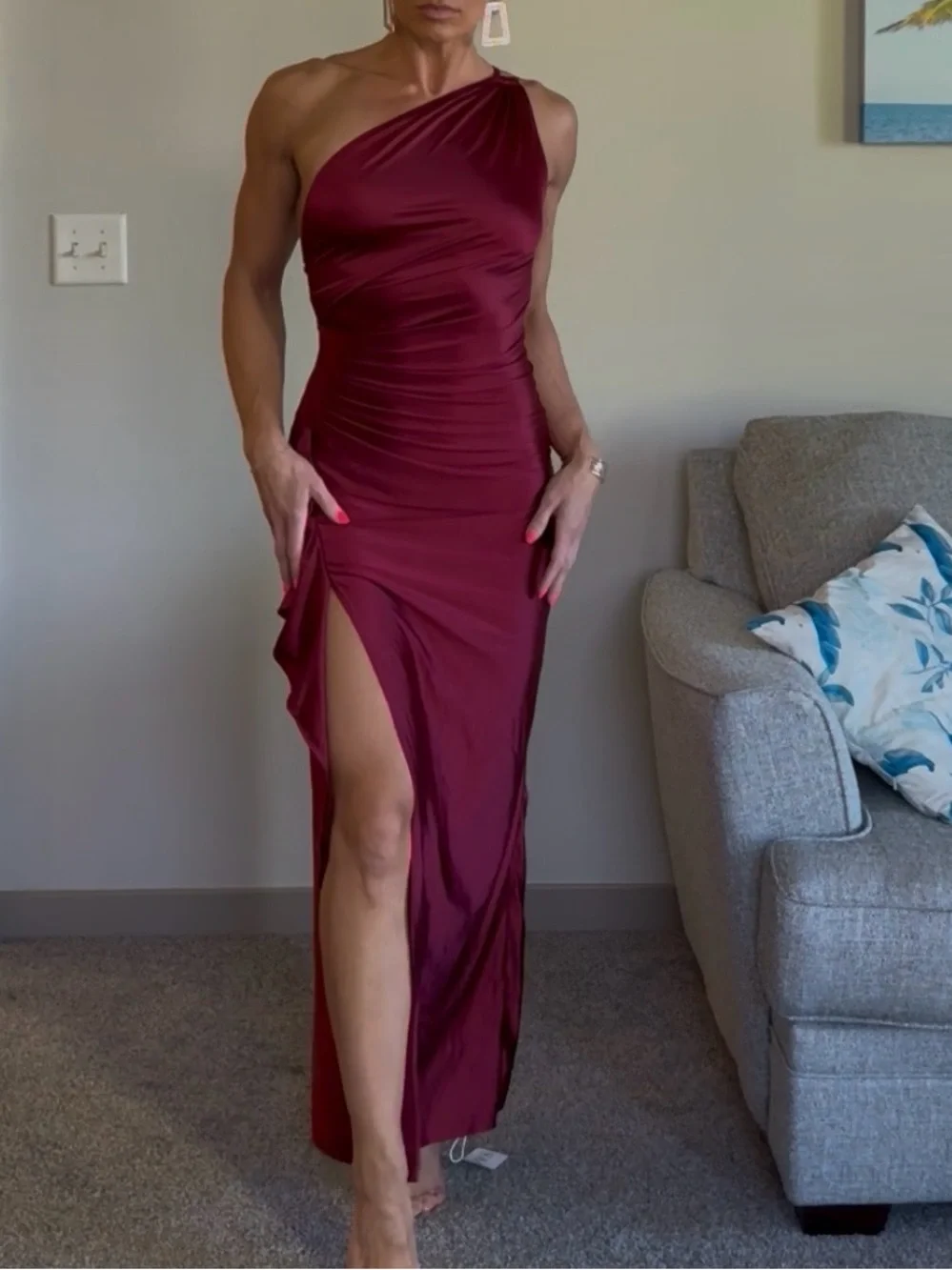 One-Shoulder Burgundy Satin Evening Dress